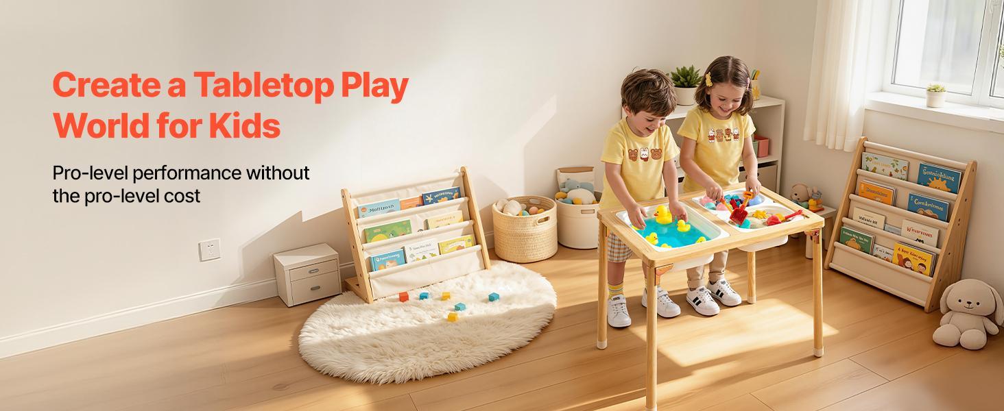 VEVOR Pine Folding Activity Table for Toddlers, Foldable Wooden Play Desk with Double-Sided Board, Storage Bins, Non-Slip Feet, Toddler Art Desk for Kids' Sand-Water Play, Drawing, Studying#BackToSchool
