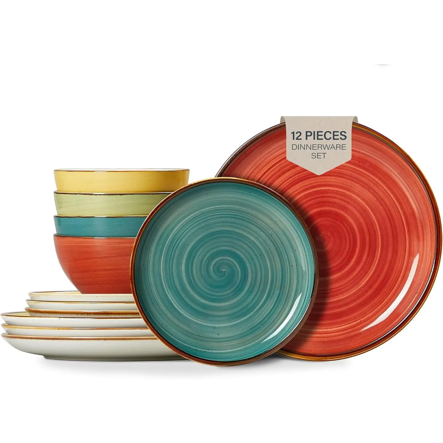 Plates and Bowls Set - Microwavable, Oven & Dishwasher Safe Porcelain Dinnerware Set - Scratch Resistant, Ceramic Dishware for 4(12pcs) - Assorted Colors