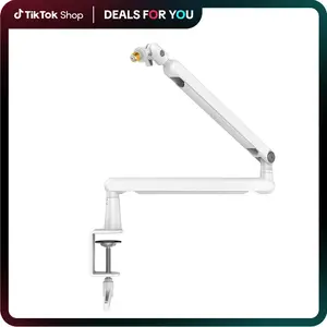 FIFINE Low Profile Podcast Microphone Stand, BM88 Gaming Mic Boom Arm with Desk Mount, Cable Channels Management, Adjustable Metal Boom Arm White for Recording/Streaming/Gaming/Home Office,father'sdaygifts
