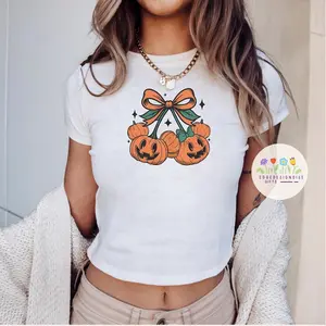 [Sale up to 30%] Coquette  Pumpkin Cherries Baby Tee, Mickey And Minnie Pumpkin Shirt, Coquett Halloween Shirt, Halloween Pumpkin Shirt