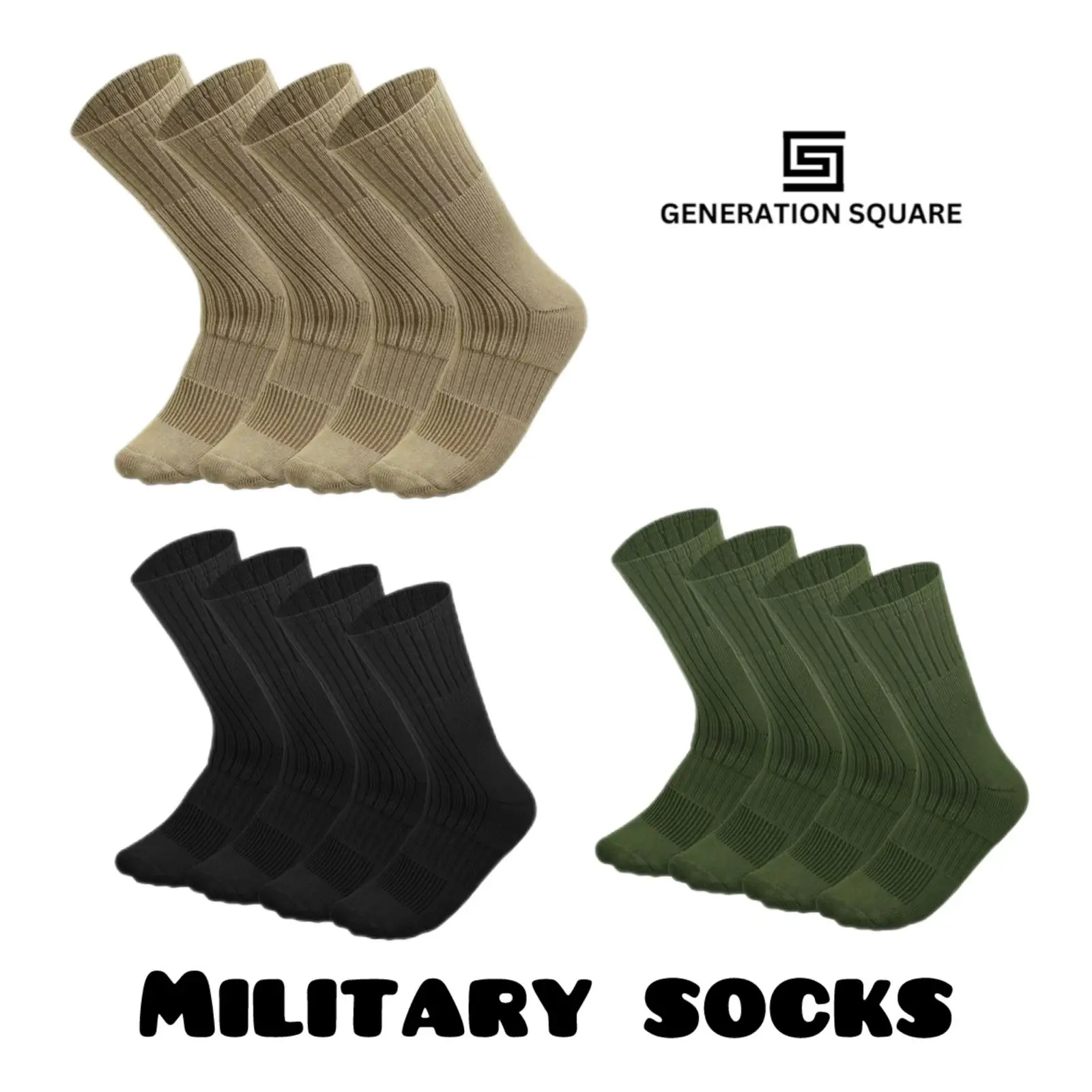 GENERATION SQUARE Nylon Military Army Boot Socks, 4 Pairs - Outdoor Wear Sports Socks for Combat, Tactical Hiking - All-Seasons Athletic - Sizes 10-13, 13-15, Outdoor Wear Socks