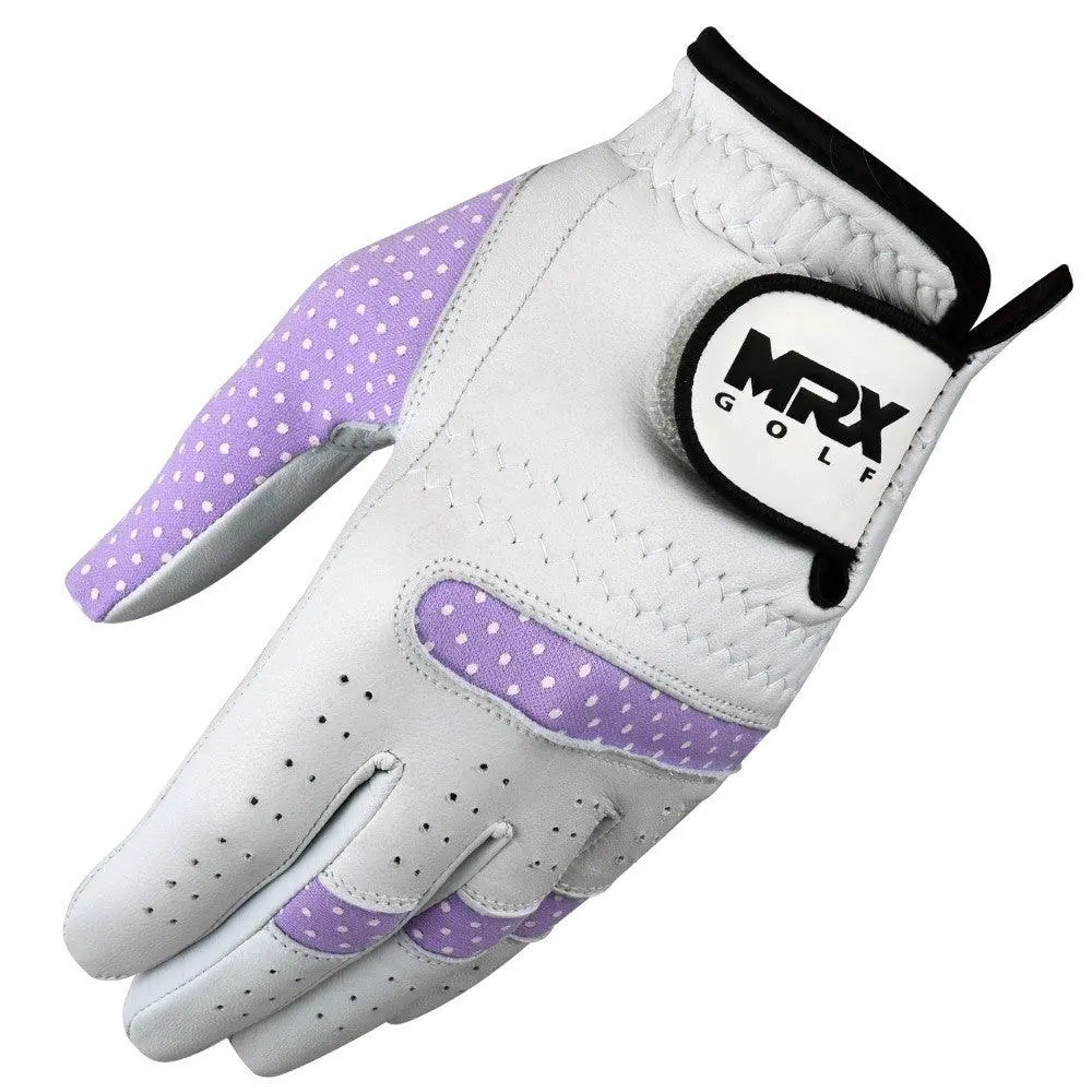 New Women Golf Gloves Cabretta Leather White Purple Left Hand Lycra Pattern Single Adjustment Tab golf accessories Quality