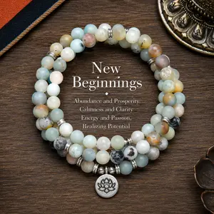 Unisex 8mm Genuine Amazonite 108 Mala Beads - Long Beaded Wrap Bracelet with Lotus Buddha Charm Pendant, Meditation Yoga Necklace, Ideal Ramadan Gift, Daily Sweater Jewelry