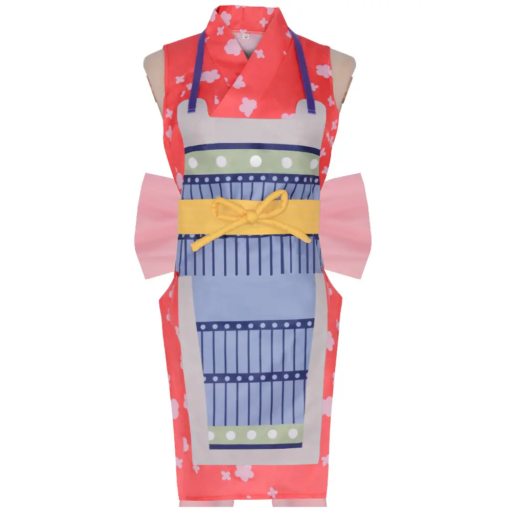 Nami Wano Kunoichi Pink Kimono Dress Cosplay Costume Set with Blue Apron Yellow Belt Big Bow for Comic Con