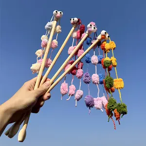 Cute Cartoon Character Cat Teaser Wand - Interactive Plush Pom-Pom Cat Toy with Tassel Strings - Wooden Handle Kitten Play Toy for Hunting & Chasing - Colorful Pet Enrichment Supplies