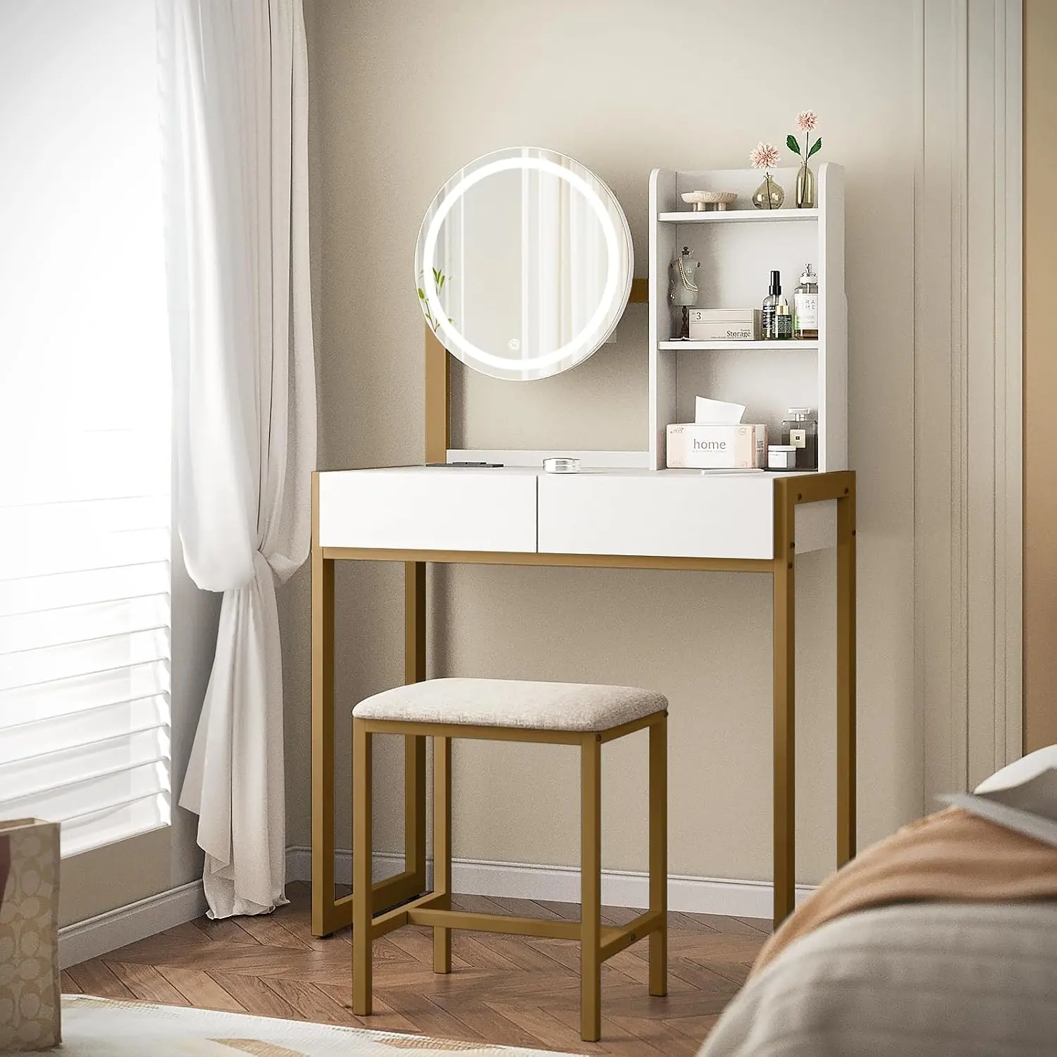 Vanity Desk with Mirror and Lights,Makeup Vanity Table with LED Mirror,Dressing Table with 2 Drawers Storage Shelves, Power Outlet, Vanity Set for Bedroom (Gold)