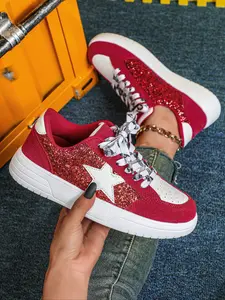 Women's Fashion Glitter Star Design Shoes, Comfortable Breathable Low Top Lace-Up Casual Sneakers for All Seasons