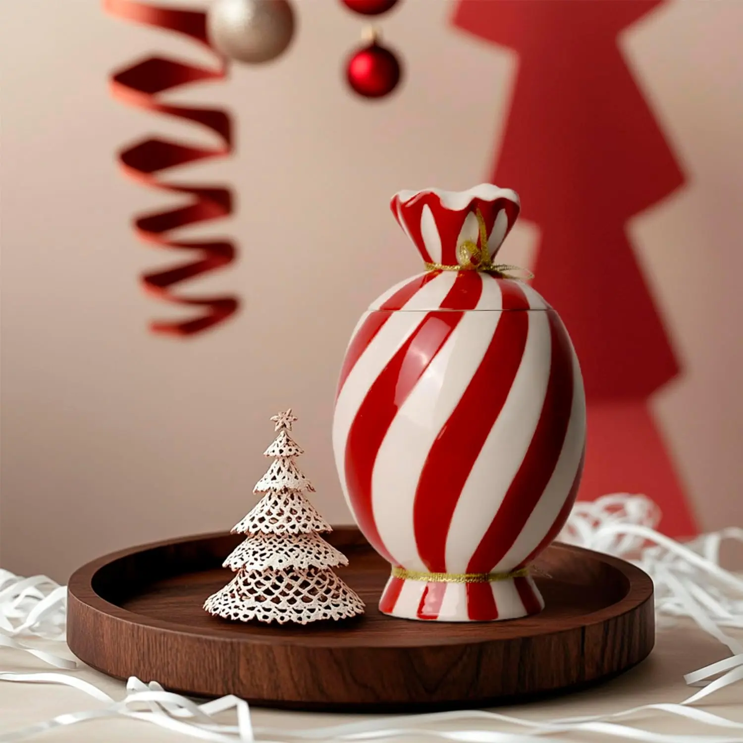 700ml (24.7oz) Handmade Smooth Ceramic Christmas Canister Set with Christmas Candy Design Lidded Container, Home Supplies Containers for Coffee Grounds & Kitchen Utensils, Wedding Countertop Organizer