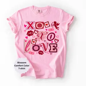 Retro XOXO Love Comfort Color T-shirt, Valentines Holiday Women's Trendy T shirt ,Womenswear Soft Cotton Top