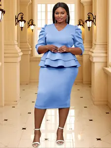 Elegant V Neck Puff Sleeve Ruffle Hem Bodycon Dress, Plus Size Women's Fashion, Slim Fit Commuter Style, Office Wear, Formal Wear