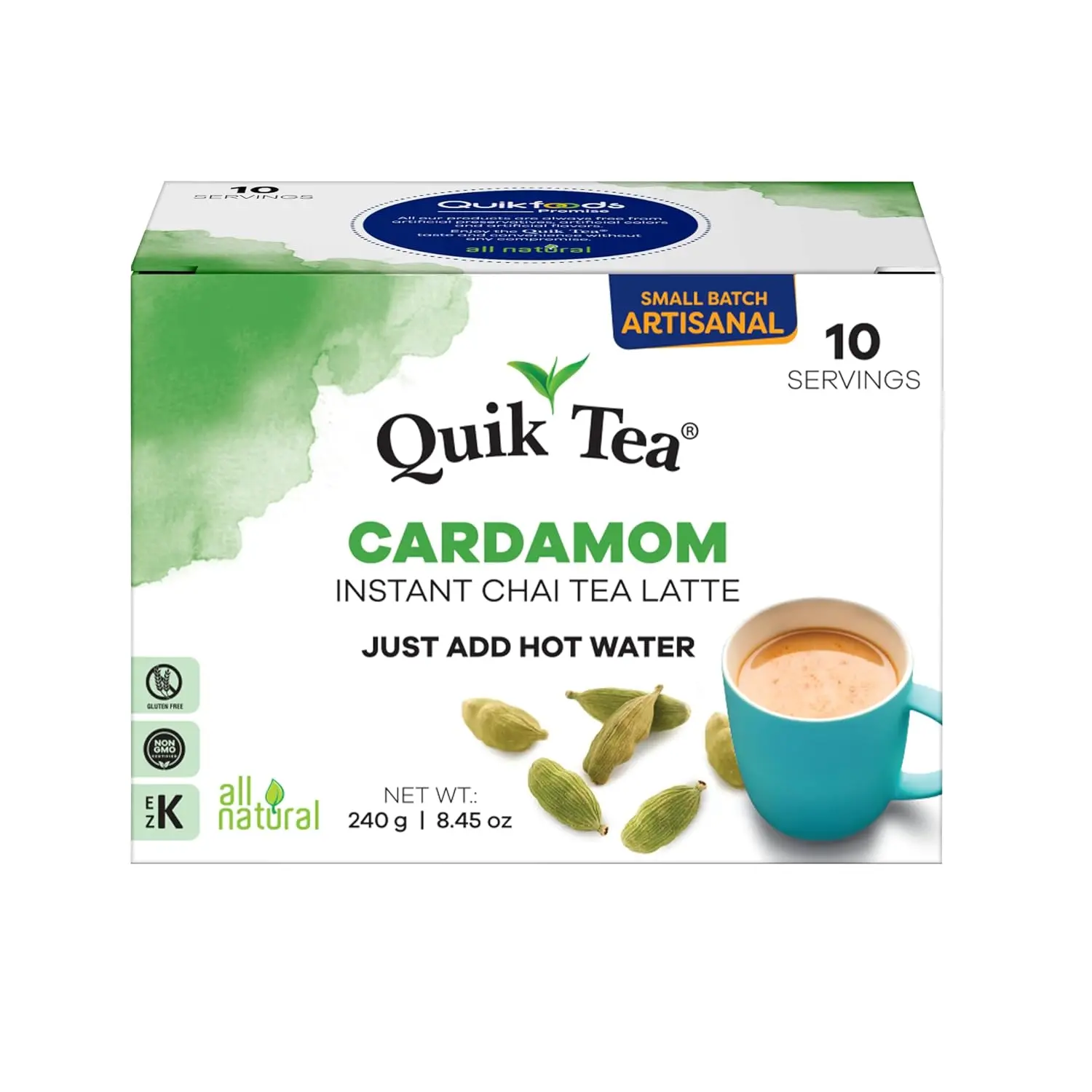 QuikTea Instant Chai Tea Latte Mix, Cardamom, 10 Sachets | Single Serve, Artisanal Indian Chai Latte, Just Add Hot Water, Low Caffeine, Non-GMO, Gluten Free