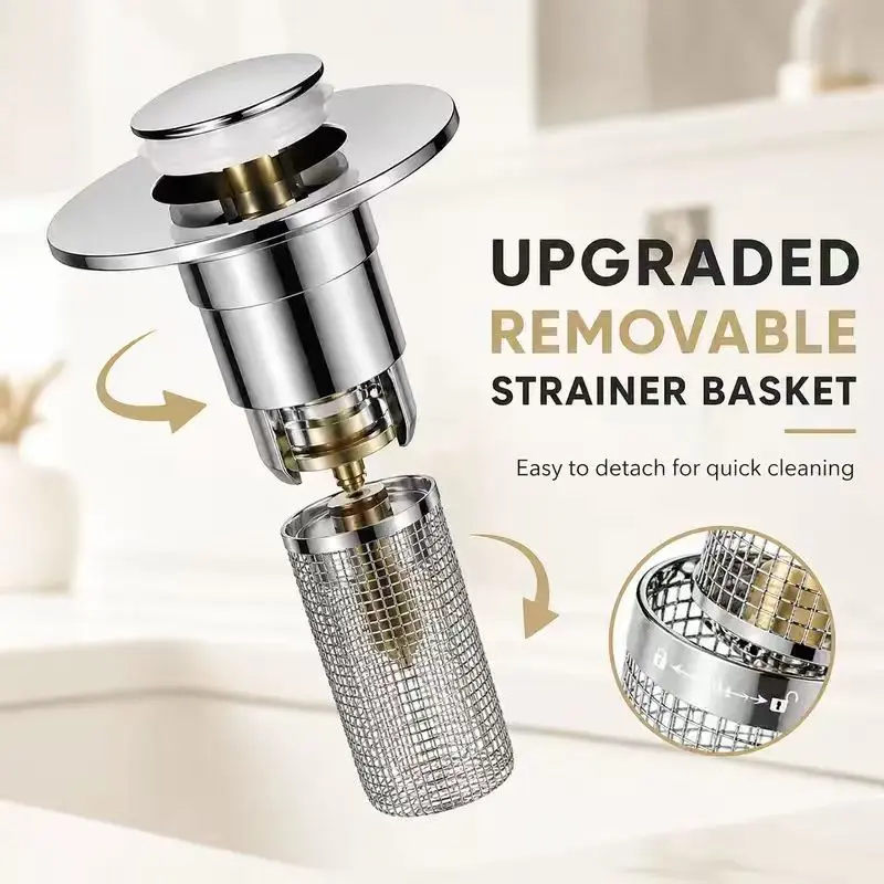 Universal Pop-Up Sink Drain Stopper with Stainless Steel Filter Basket, Anti-Clog Debris Catcher, Leak-Proof Hair Catcher for Camping Bathroom Kitchen Sink & Bathtub, Easy Install Water Filter Accessory