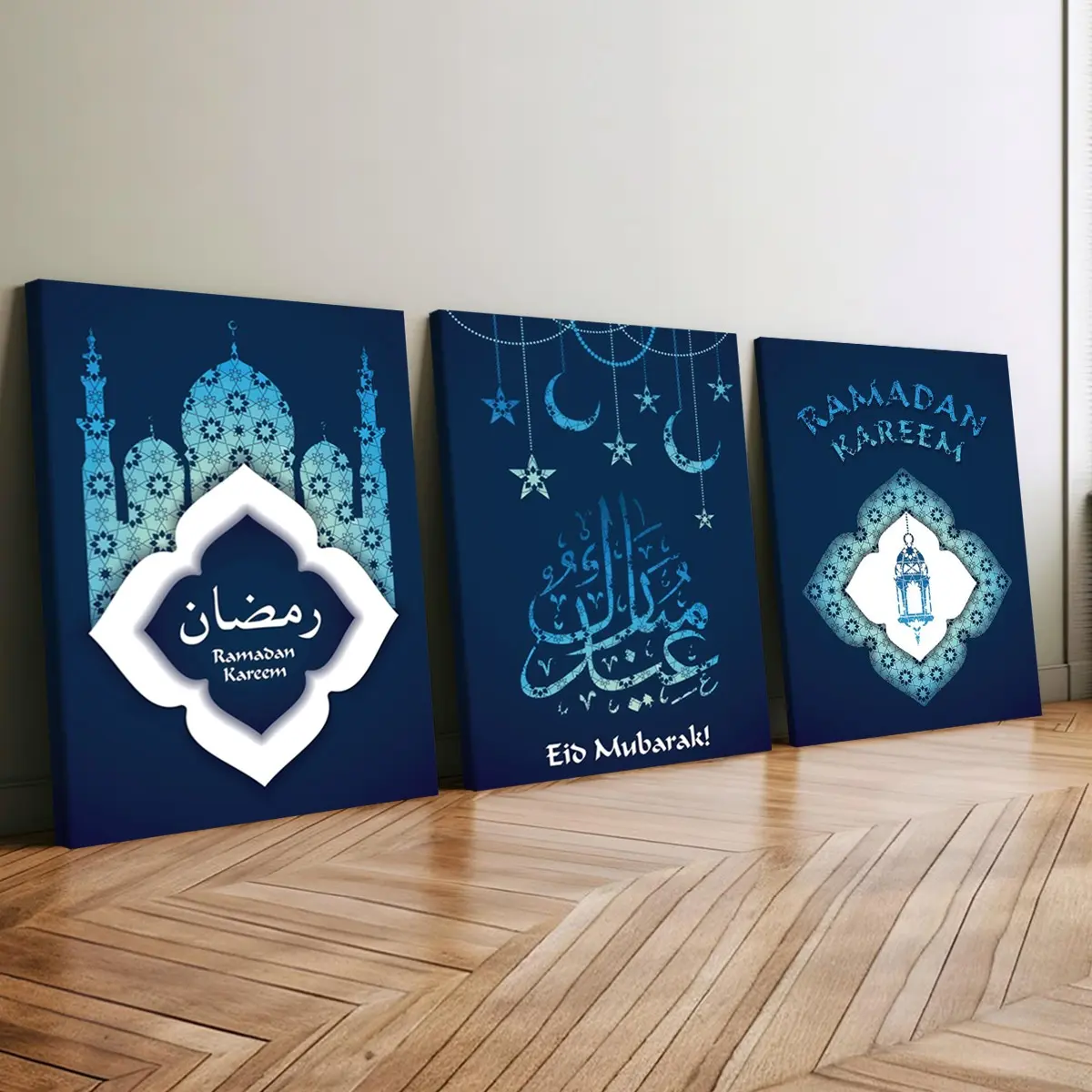 3 count wooden frame canvas, "Ramadan Kareem" Ramadan theme triple decoration poster, fashion art decoration, modern family poster, exquisite wooden frame painting, suitable for living room corridor wall decoration, printing, waterproof, art