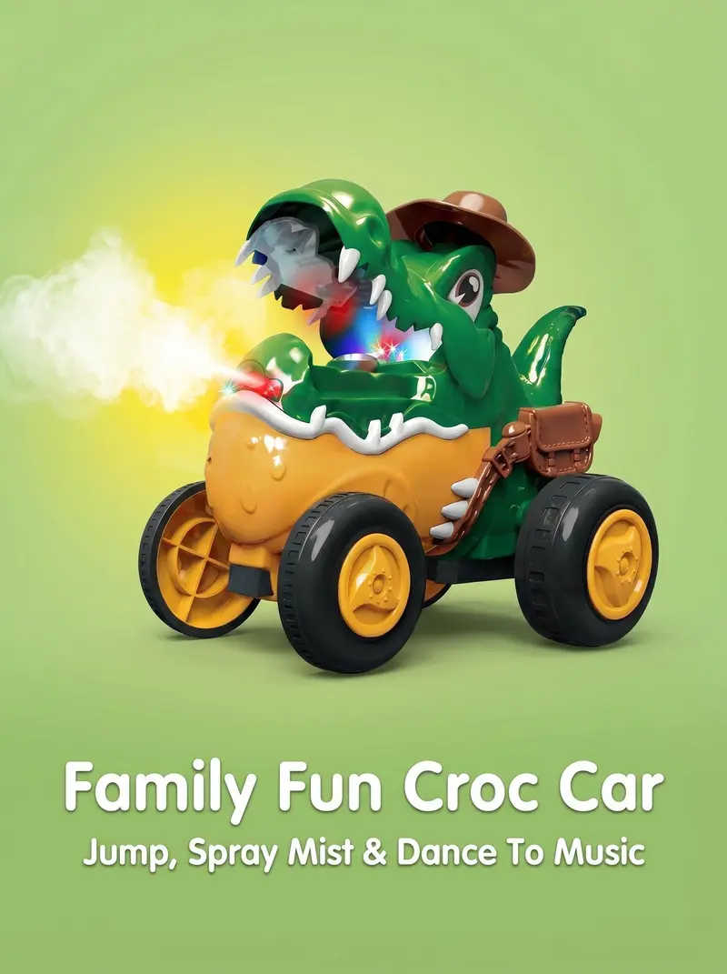Kid's Electric Crocodile Jumping Car Toy - Mist Spray, Light & Music, Stunt Actions, Jump Forward, 1-Click Demonstration, Upright Walking, Floor-Friendly Wheels, 30+ Mins Playtime rc cars rc