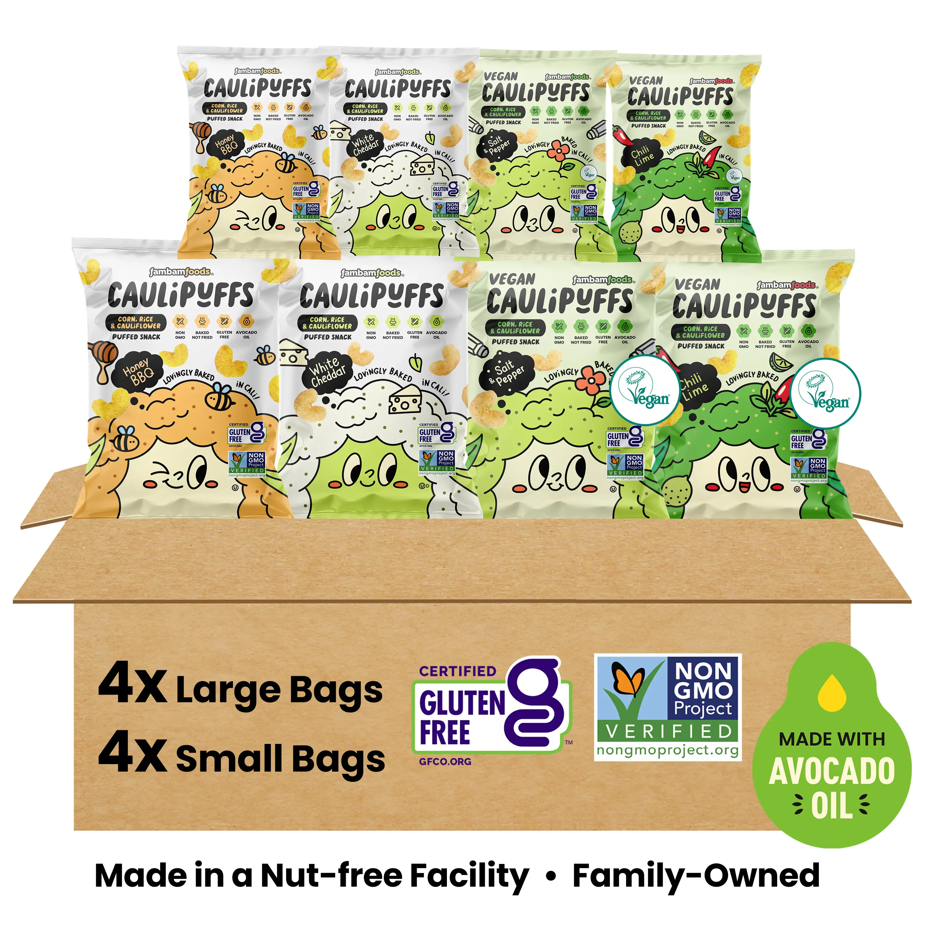 CauliPuffs Big-Bundle Variety 8-Pack, 4 Large Bags, 4 Small Bags, White Cheddar, Honey BBQ, Vegan Salt & Pepper, Vegan Chili Lime