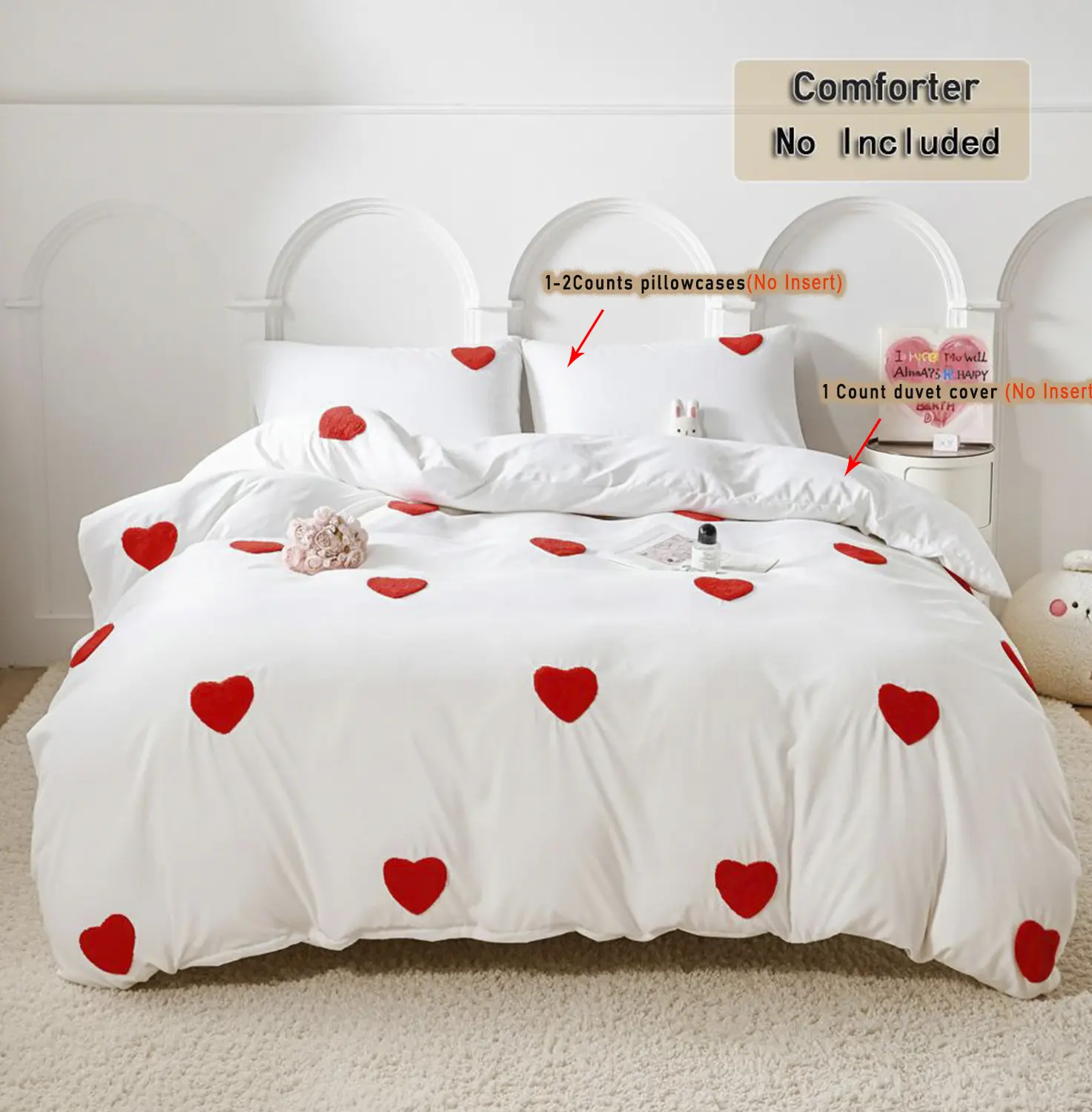 Tufted Heart Embroidered Duvet Cover Set (No Insert), Includes 1 Duvet Cover with Zipper Closure & 1-2 Pillow cases, Soft & Breathable All-Season Comforter Cover , Aesthetic Bedroom Décor, Machine Washable