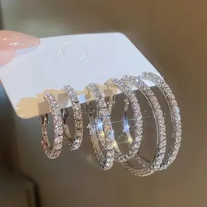 6-Piece Set Simple Hoop Earrings with Rhinestones, Zinc Alloy & Stainless Steel, No Plating - Versatile Vacation & Daily Wear Jewelry for Women