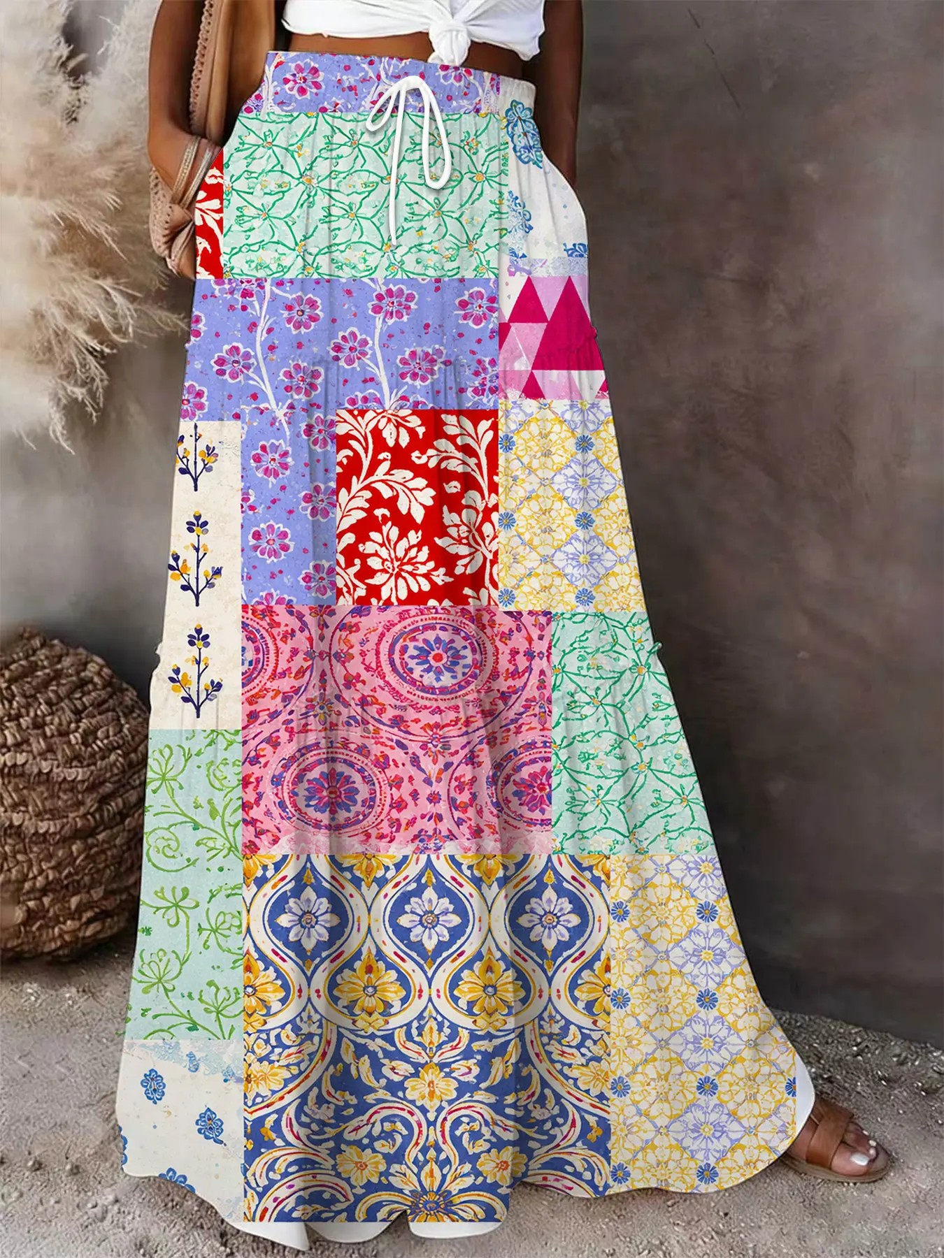Boho Patchwork Print Maxi Skirt | Colorful Tiered Skirt with Pockets Womenswear Boho Beach Skirt Boho Skirts