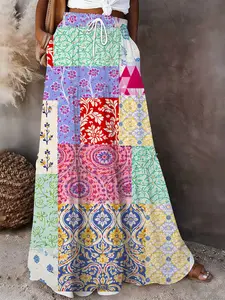 Boho Patchwork Print Maxi Skirt | Colorful Tiered Skirt with Pockets Womenswear
