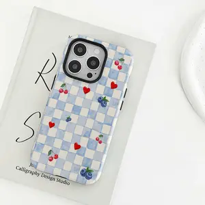 Blue Gingham Cherry Phone Case, Blueberry Picnic Coquette Cover, Sweet Cottagecore Aesthetic Design Case