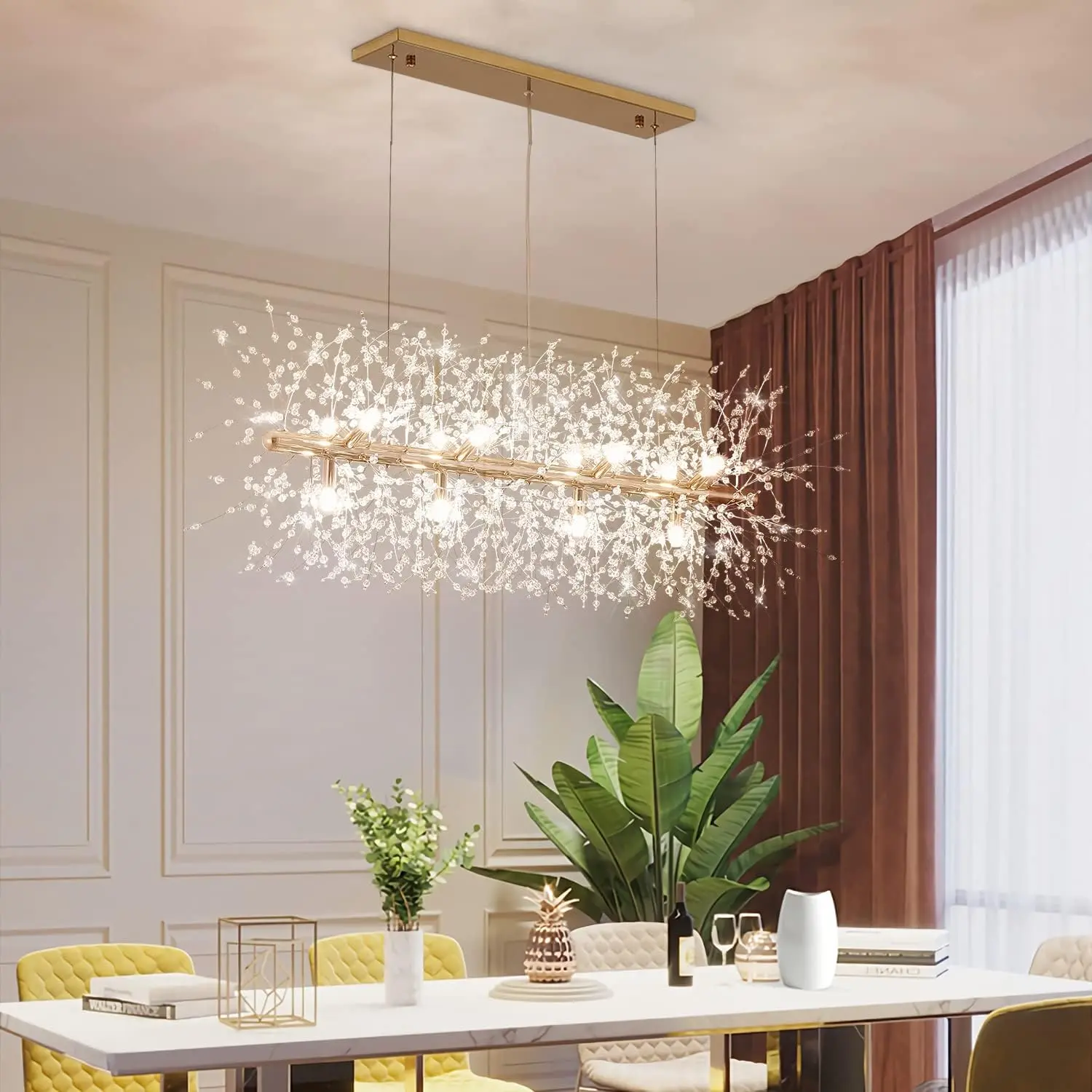 12-Light Crystal Firework Chandelier, Modern Dining Room Lighting Fixture, Gold Metal Finish