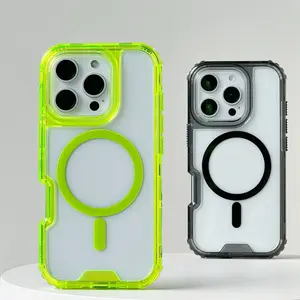 Original 3 IN 1 Armor For Magesafe Magnetic Transparent Wireless Charge Case For iPhone 16 15 14 13 15Pro Max Neon Color Cover