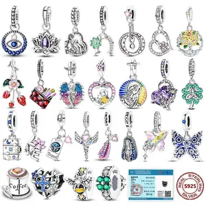 100% Real 925 Sterling Silver Original Design Clover Charm Blue Heart Zircon Spacer Bead Fit Bracelet DIY Jewelry Wedding Gift