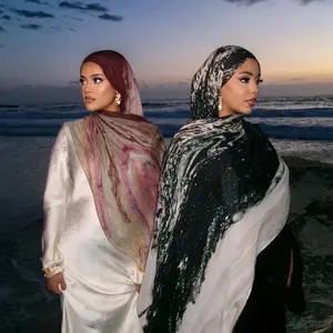 1pcs New Muslim Ink Tie Dye Cotton Scarf, Satin Polyester Long Shawl, Middle East Turkish Arab Hijab