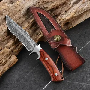 Damascus steel pocket knife, multifunctional fruit knife with leather sheath, wooden handle, outdoor camping EDC tool, perfect for travel, everyday carry, and gifting.