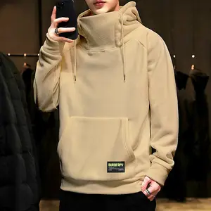Men's Fleece-Lined High Neck Hooded Sweatshirt - Plain Long Sleeve Loose Pullover, Comfortable Cozy Warm Casual Menswear Tops, Beige, Comfortable Men's Hoodies