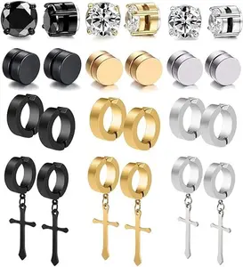 12 Pairs Stainless Steel Non Pierced Earrings for Men Women Clip on Dangle Earrings Set