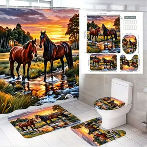 4pcs Scenic Sunset Horse Bathroom Set - Elegant Shower Curtain Sets Featuring Chestnut & Dark Brown Horses by Stream, Coordinating Toilet Seat Cover & Landscape Bath Mats for Serene Home Decor, Perfect for Nature Lovers and Holiday Gifts