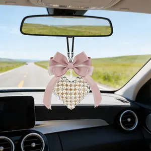 Pearl Heart Bow Car Mirror Decor, Elegant High-End Car Accessories, Exclusive for Women, 2 Color Options Available