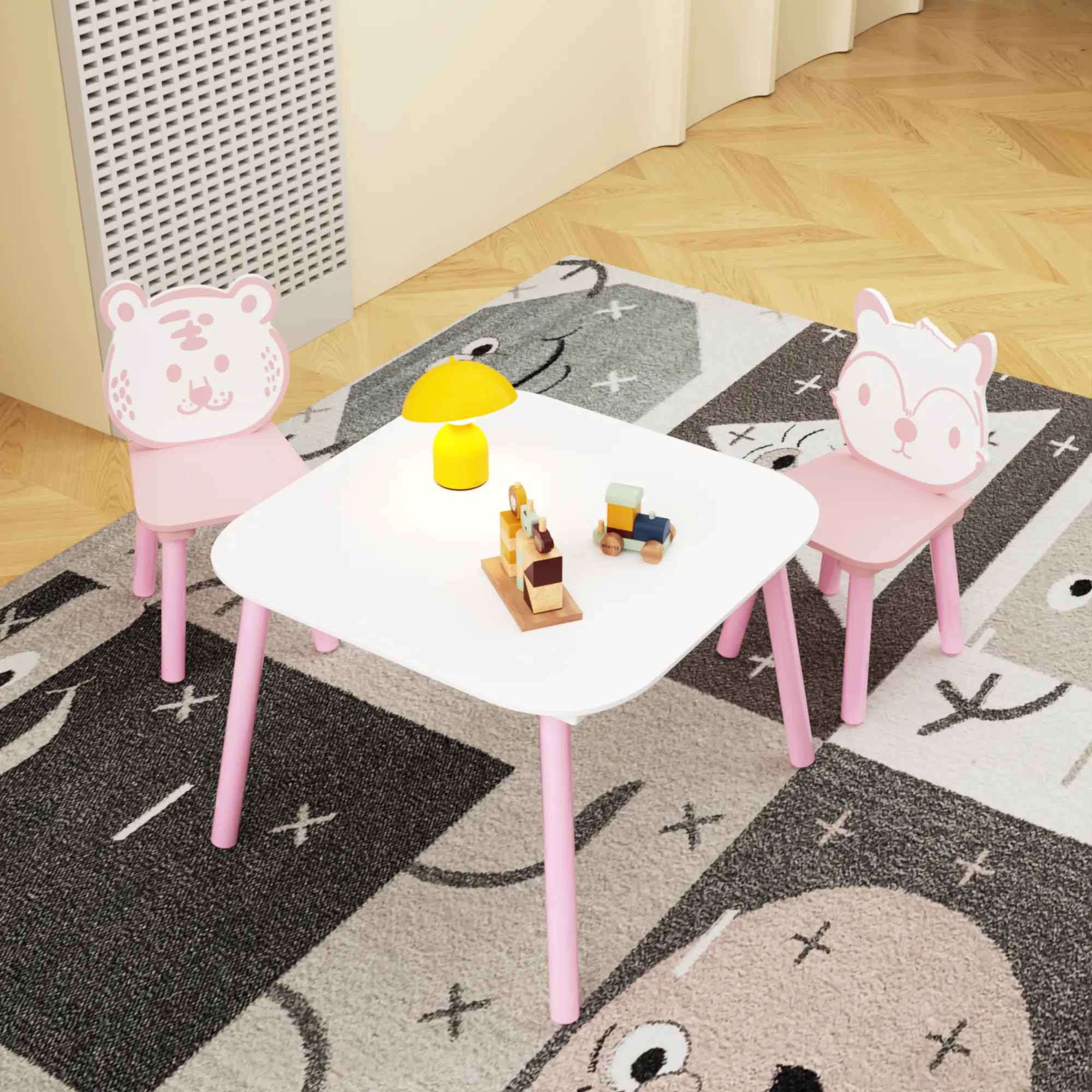 Kids Table and Chair Set, 3-Piece Wooden Toddler Desk with Cute Animal Backrest for Drawing, Learning, Playroom & Nursery