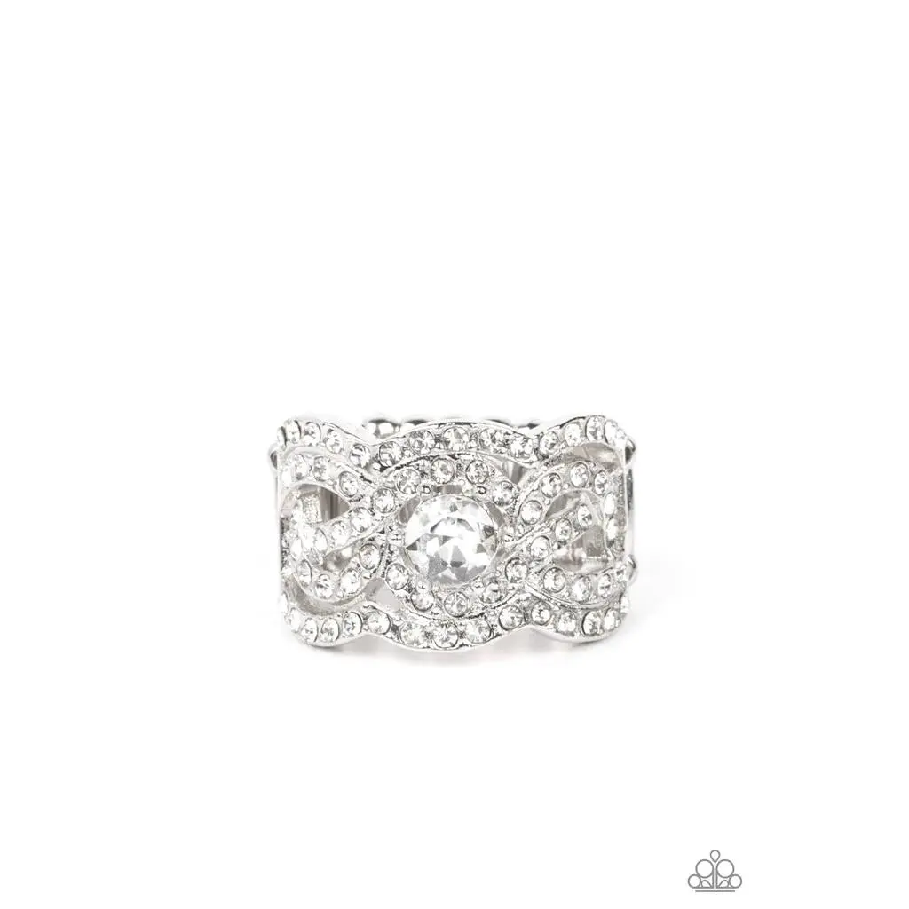 Paparazzi Accessories Doting On Dazzle White Ring with Rhinestones and Stretchy Band for Any Occasion