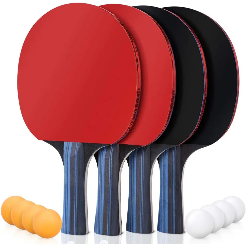 Ping Pong Paddles Set of 4 Table Tennis Rackets with 8 Balls, Storage Case for Indoor Outdoor Table Tennis Paddle Game Accessories