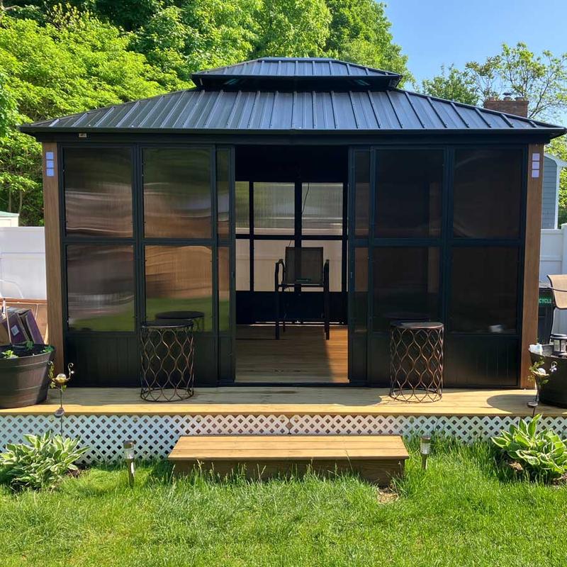 PURPLE LEAF 12' x 14' Hardtop Gazebo For Patio | Screen House Wood Grain Aluminum Solarium Canopy