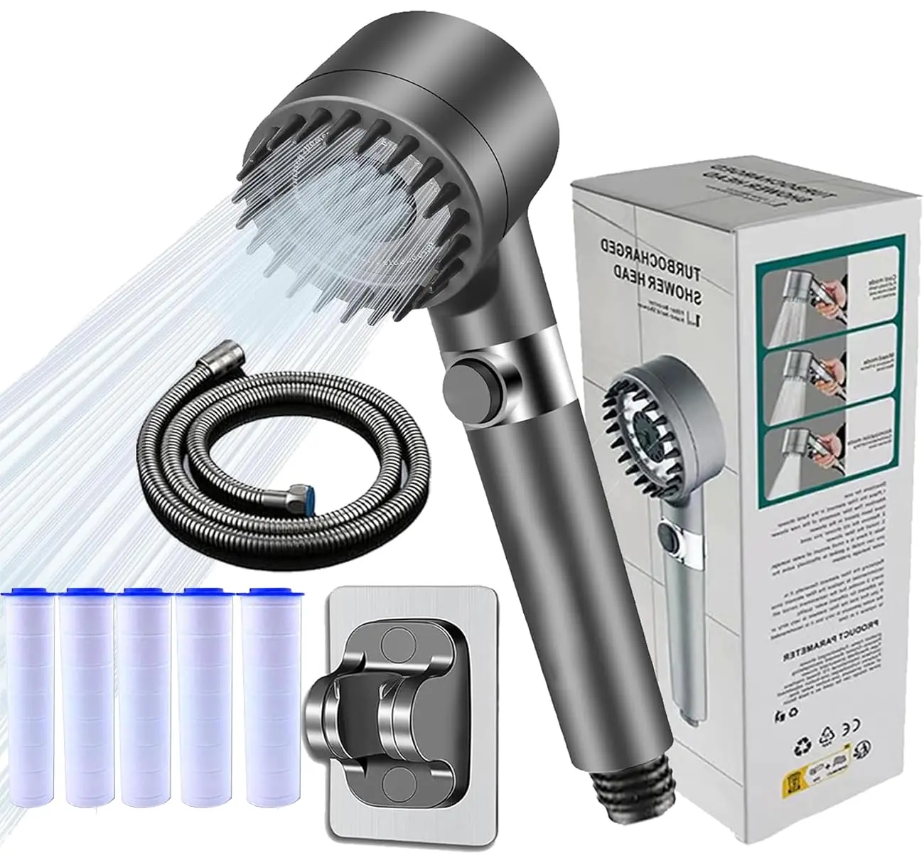 Grey 4-Piece Handheld Filtered Shower Head Kit, Filter Built-In, High-Pressure Water Flow, Hard Water Treatment, On/Off Quick Switch, Rainfall Mist Spray, Muscle Relief