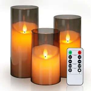 Homemory Gray Flickering Flameless Candles Battery Operated Acrylic LED Pillar Candles with Remote Control Timer Halloween Decor Set of 3 Realistic Effects Unbreakable Shells