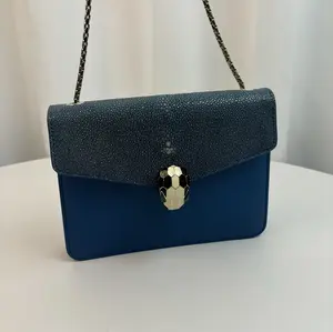 Pre-owned Bvlgari LEATHER Shoulder Bags Serpenti Forever Bag New Year Deal Blue Stingray with Snake Buckle Closure