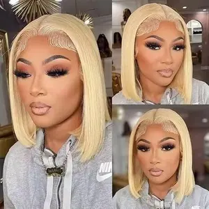 Blonde Bob Wig Human Hair Straight 613 Bob Wig Human Hair 12 Inch 180 Density 613 Blonde Suitable for All Hair Types 13x4 HD Transparent Lace Wigs for Women Glueless Wigs with Baby Hair