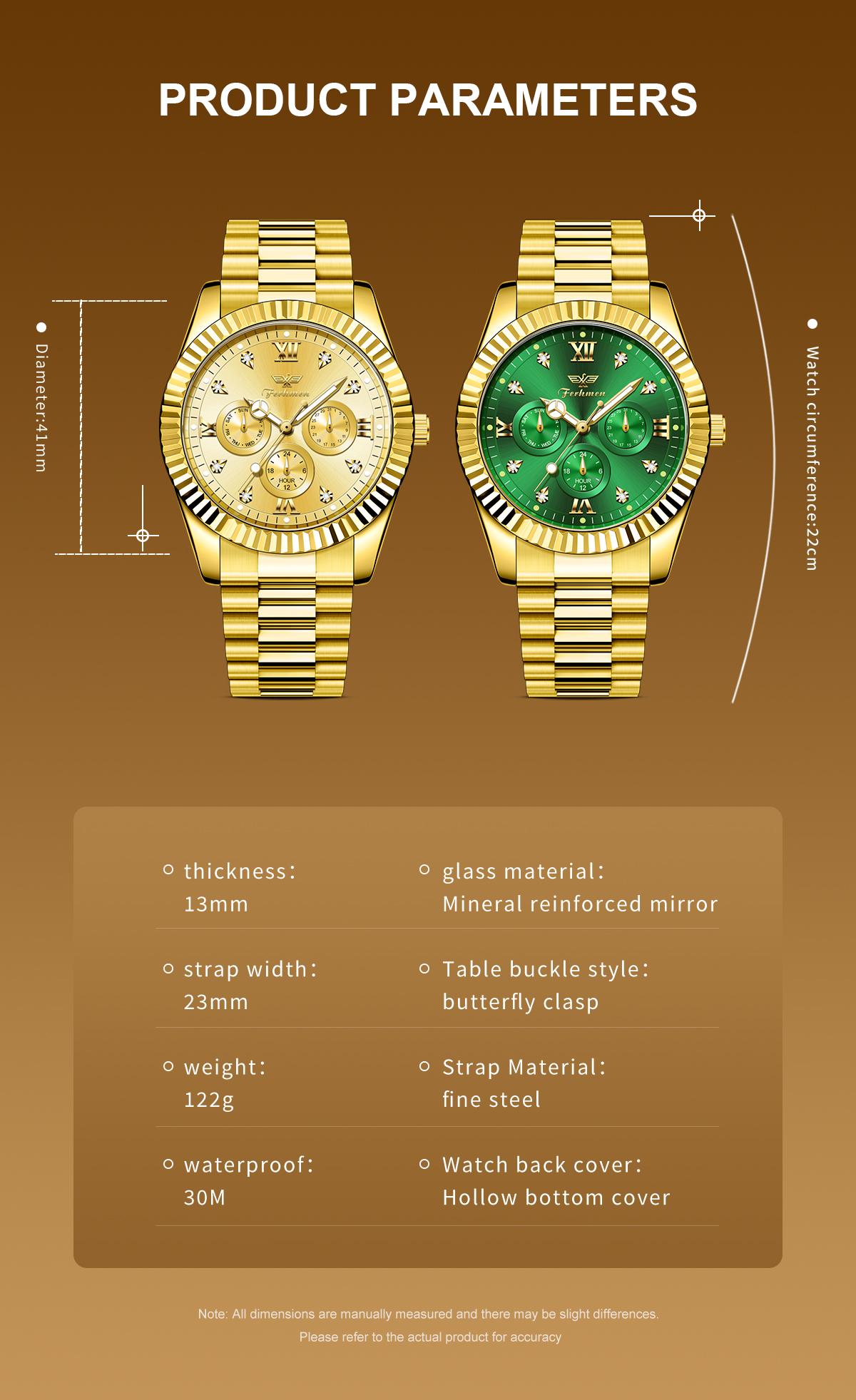 Ferhmen Men's Luxury Dress Watch, 41mm Gold Dial,Stainless Steel Band, Rotating Quartz Analog, relojhermoso, Waterproof & Lum, anniversary giftinous BigFace Wristwatch, Elegant Boss Style Watch