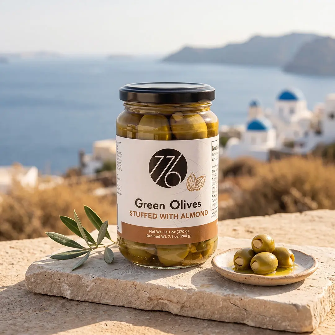 Green Olives Stuffed With Almond In Brine – Premium Handpicked Crunchy Mediterranean Olives for Charcuterie & Martinis