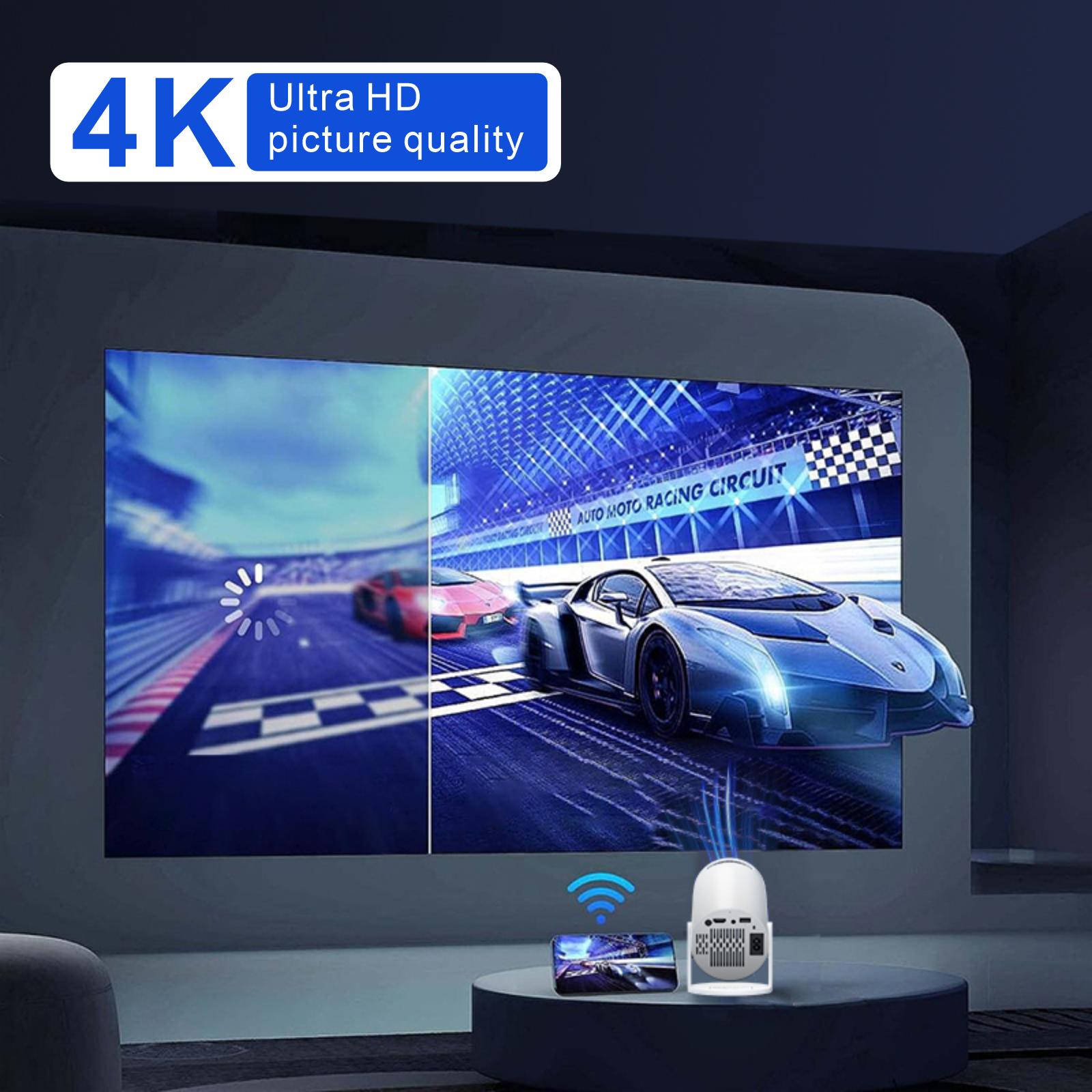 XBJ mini projector with built-in Android system, supports Wi‑Fi and Bluetooth connectivity, features keystone correction and 4K decoding, rotates 180 degrees, designed for short projection use. Suitable for home/outdoor use — Black Friday