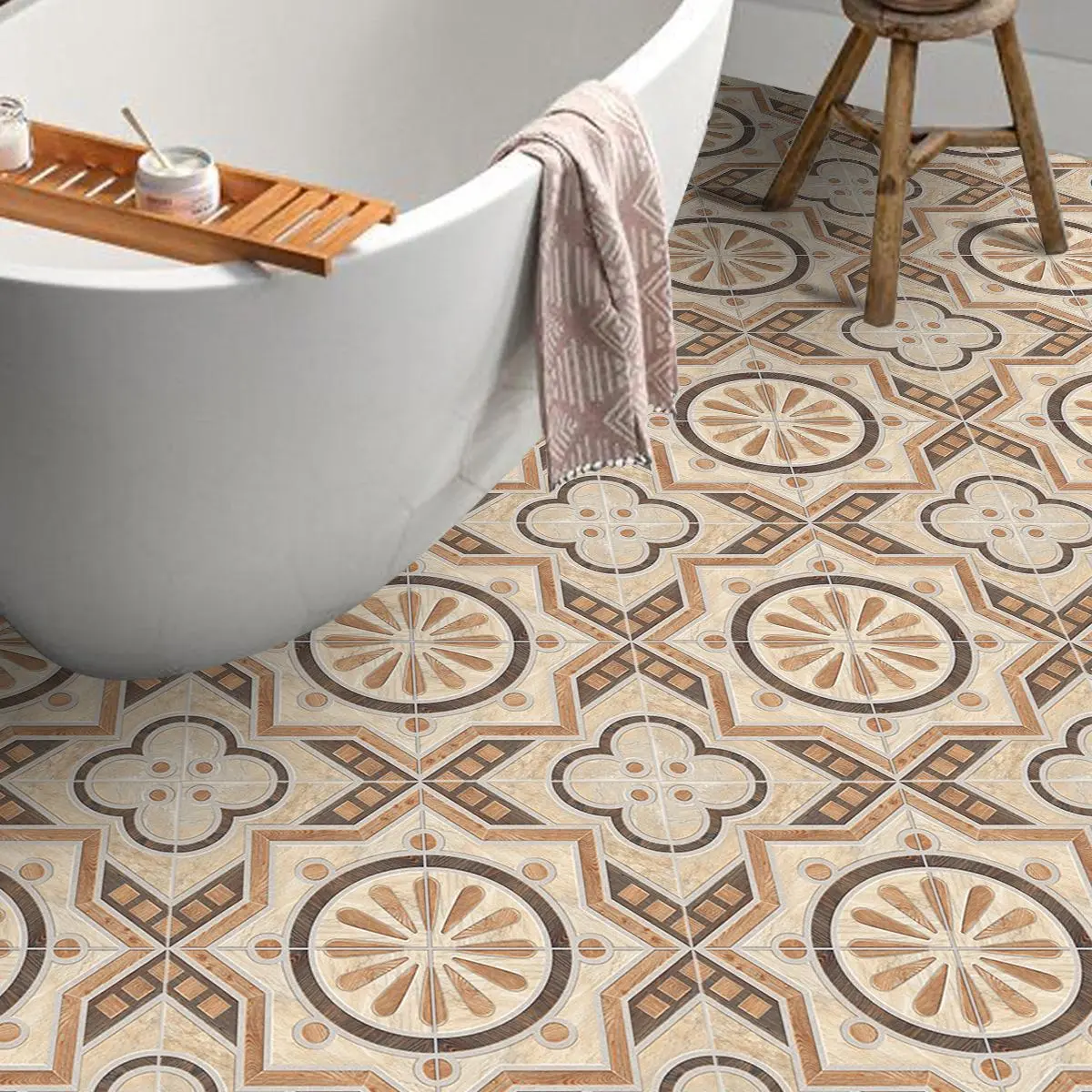 10pcs Vintage European Geometric Floral Square Floor Stickers Flooring, Peel and Stick Floor Tile Bathroom, Self-Adhesive Waterproof Durable Easy to Clean for Bathroom Balcony Living Room Renovation, Floor Tiles Peel and Stick Waterproof