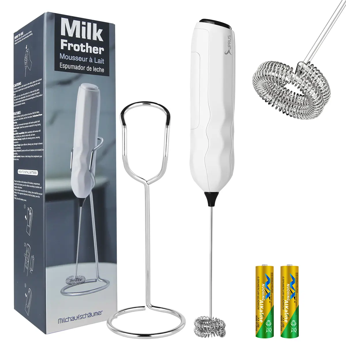 Ultra Fast Handheld Milk Frother Double Whisk with Stand 2 Batteries Stainless Steel for Lattes Cappuccino Matcha Hot Chocolate Coffee Bar Accessories Kitchen Gadgets Gift