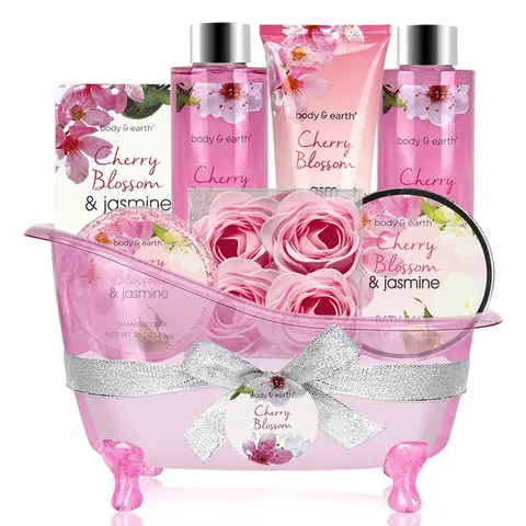 Cherry Blossom & Jasmine Scent Spa Mini Bathtub Set Vitamin E Shower Kit Body Care Valentine Gift, Self Care Bundles, Bath and Body Care Products Mother's Day Gift For Mom Pamper Your Mother