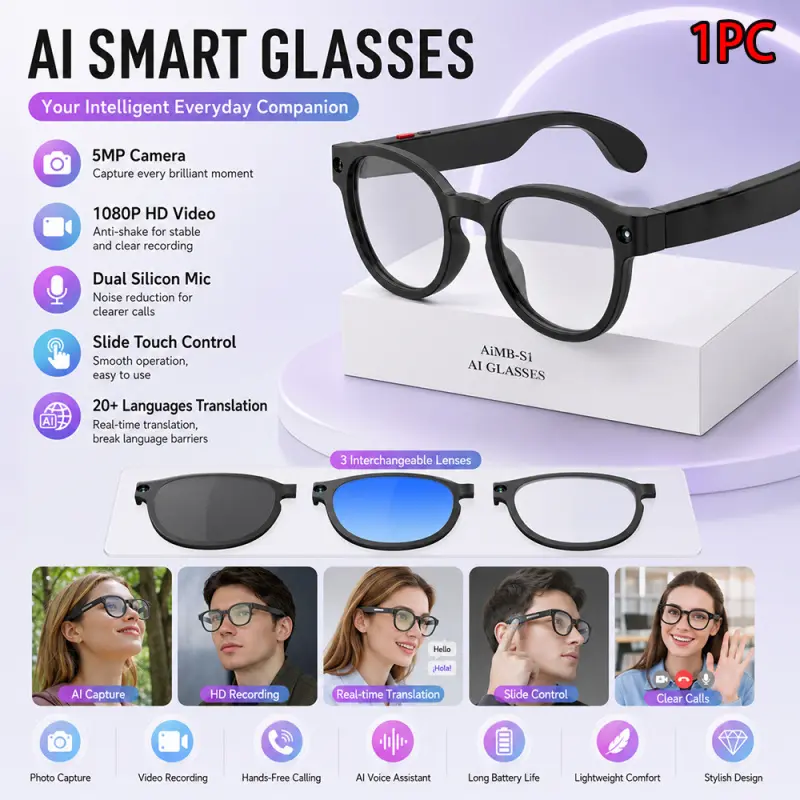 AI camera glasses, Smart glasses, Glasses with camera, 8 million pixels, 1200P recording, AI object recognition, making/receiving calls, AI translation, music control, GPT chat connection, dual microphones for noise reduction, sliding touch