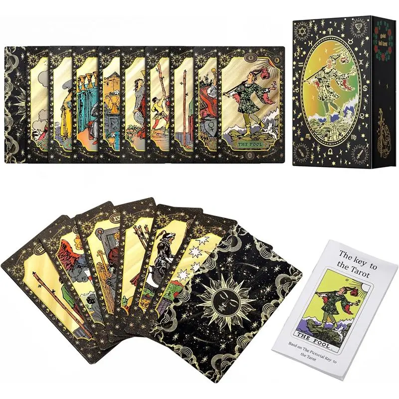 Tarot Cards, 78 Gold foil Tarot Cards Deck for Beginners and Professional Player with Box Tarot PVC Durable Waterproof Wrinkle Resistant (Black Gold)