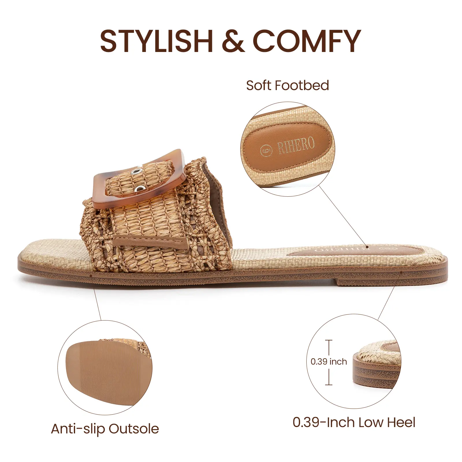 Rihero Women's Woven Raffia Sandals, Casual Square Toe Slides with Adjustable Buckle, Non-Slip Flat Footwear for Summer, Casual Outdoor Sandals, Women's Sandals